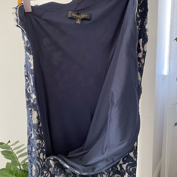 Tadashi Shoji One Shoulder Lace Sheath Dress Party Blue White, Size 6 - Picture 6 of 8